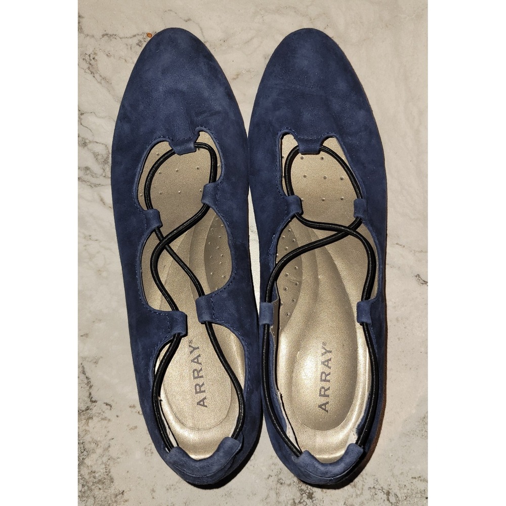 Array Womens 9N Blue Suede Low Wedge Flats Crisscross Elastic Strap 1074977
